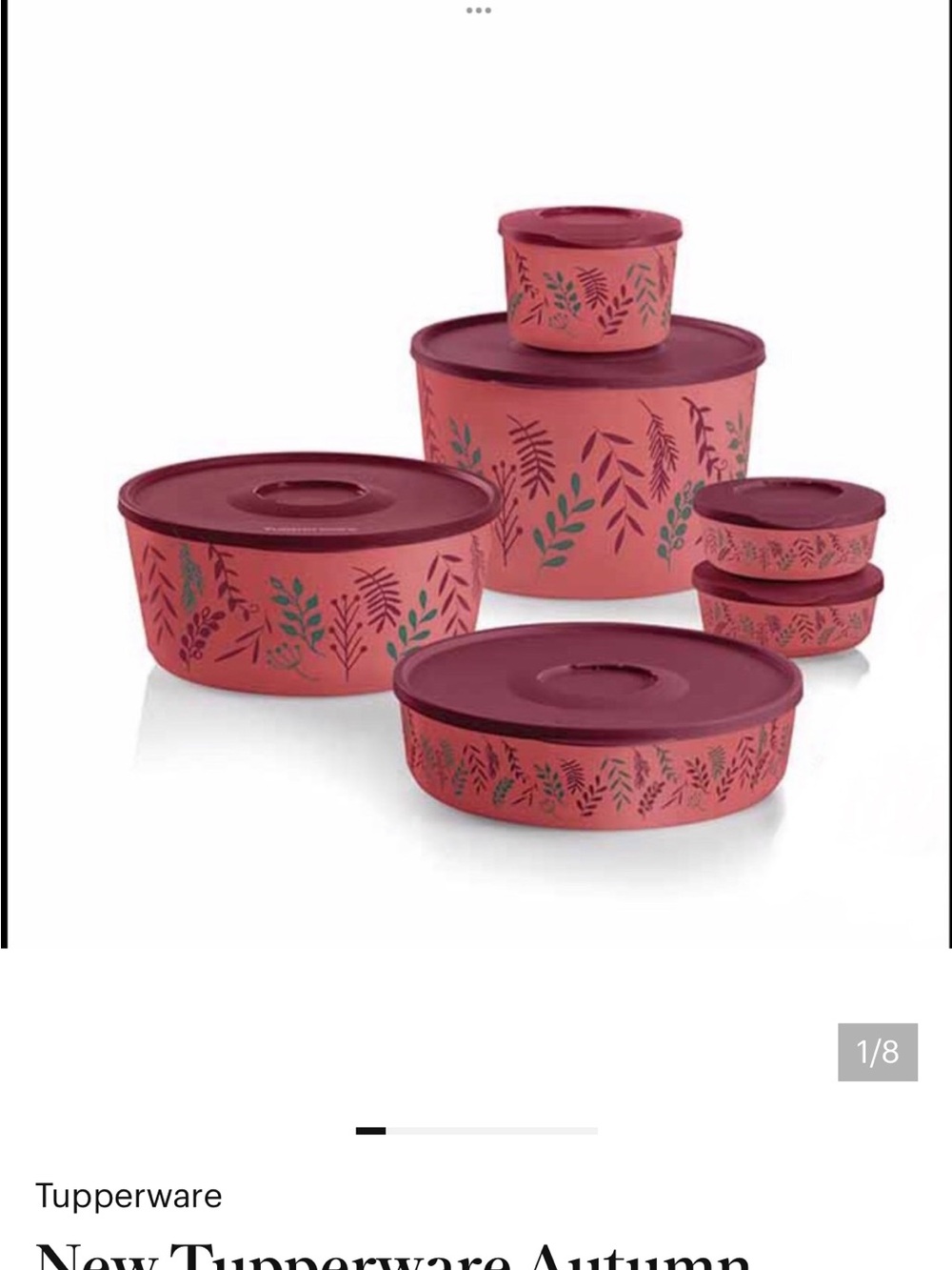 Tupperware Coral and Burgundy Leaf-Print Round Storage Set